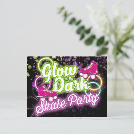 GLOW IN THE DARK SCHAATS PARTY Briefkaart Uitnodig (Staand voorkant)