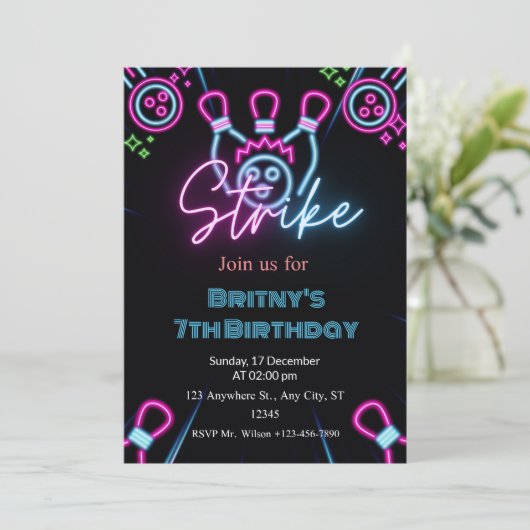 Glow in The Dark Strike Bowling Verjaardagsfeest Kaart (Staand voorkant)