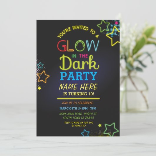 Glow In The Dark Verjaardag Nodig Neon Kinder Part Kaart (Staand voorkant)