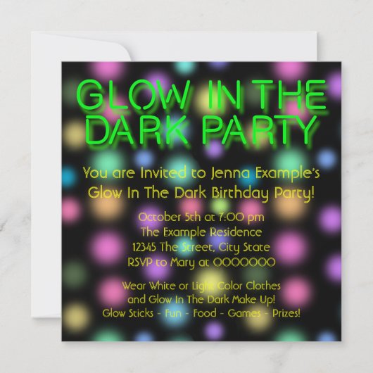 Glow In The Dark Verjaardagsfeest Kaart (Voorkant)