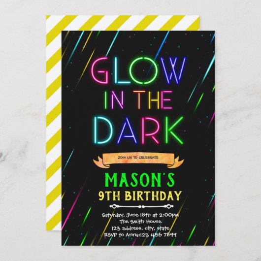 Glow in the dark verjaardagsuitnodiging kaart (Voorkant / Achterkant)