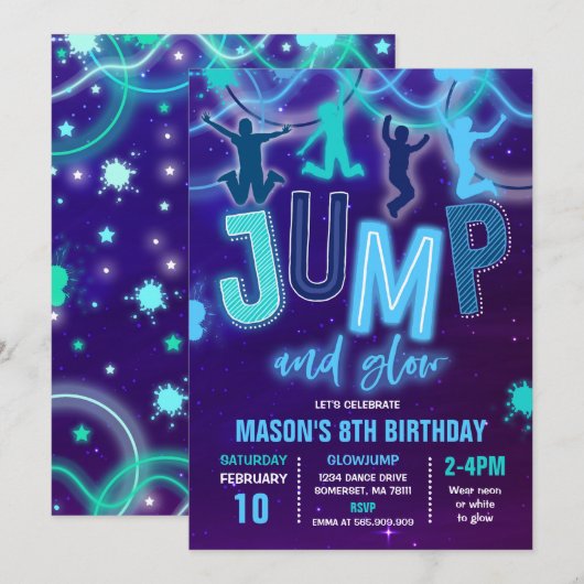 Glow Jump Invitation Neon Jump Birthday Party Kaart (Voorkant / Achterkant)