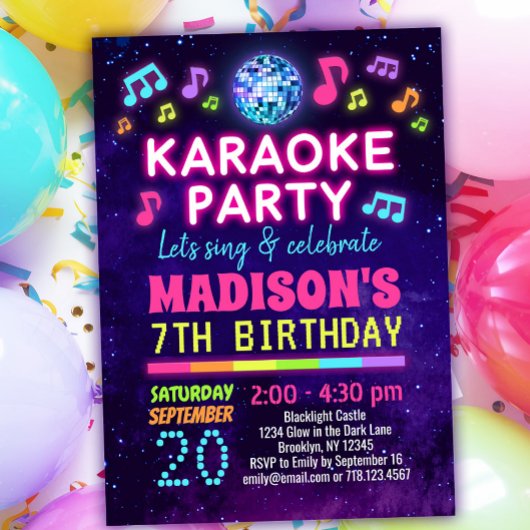Glow Karaoke Birthday Party Invitation Kaart