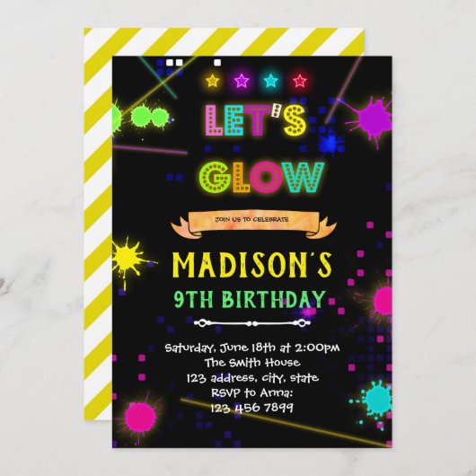 Glow laser label verjaardagsfeestje uitnodiging (Voorkant / Achterkant)