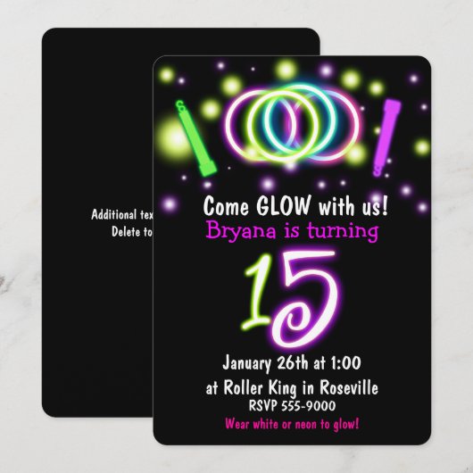 GLOW Lights 15e Verjaardagsfeest Leeftijd 15 Uitno Kaart (Voorkant / Achterkant)