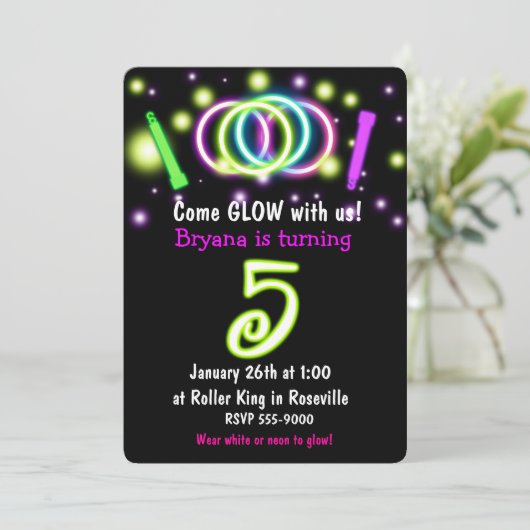 GLOW Lights 5e Verjaardagsfeest Leeftijd 5 Uitnodi Kaart (Staand voorkant)