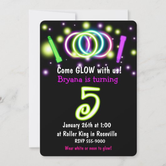 GLOW Lights 5e Verjaardagsfeest Leeftijd 5 Uitnodi Kaart (Voorkant)
