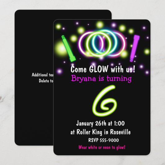GLOW Lights 6e Verjaardagsfeest Leeftijd 6 Uitnodi Kaart (Voorkant / Achterkant)