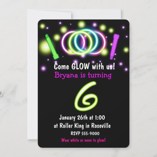 GLOW Lights 6e Verjaardagsfeest Leeftijd 6 Uitnodi Kaart (Voorkant)