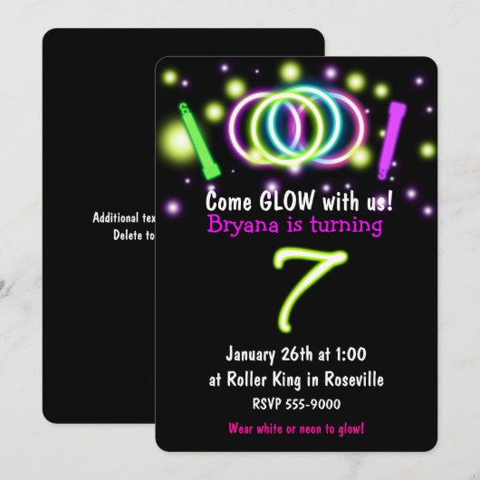 GLOW Lights 7e Verjaardagsfeest Leeftijd 7 Uitnodi Kaart (Voorkant / Achterkant)