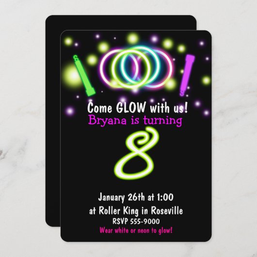 GLOW Lights 8e Verjaardagsfeest Leeftijd 8 Uitnodi Kaart (Voorkant / Achterkant)