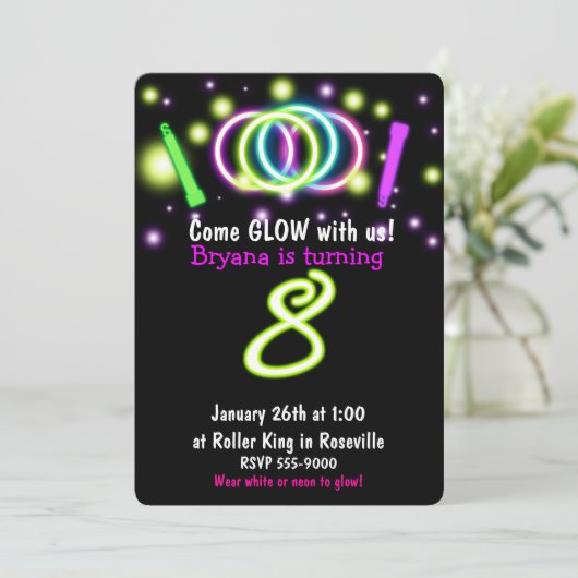 GLOW Lights 8e Verjaardagsfeest Leeftijd 8 Uitnodi Kaart (Staand voorkant)