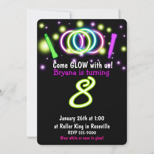 GLOW Lights 8e Verjaardagsfeest Leeftijd 8 Uitnodi Kaart (Voorkant)