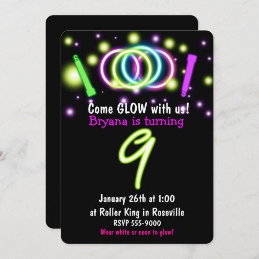 GLOW Lights 9e Verjaardagsfeest Leeftijd 9 Uitnodi Kaart (Voorkant / Achterkant)