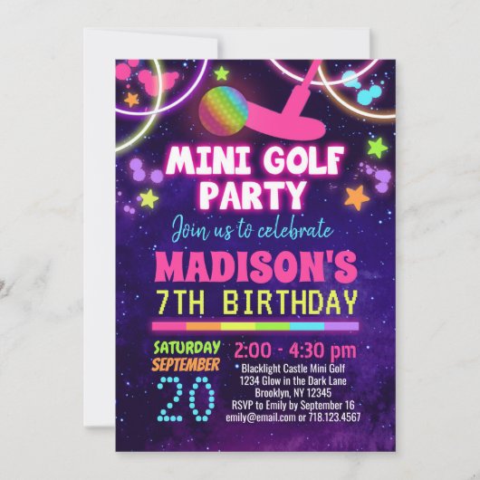 Glow Mini Golf Birthday Party Invitation Kaart (Voorkant)