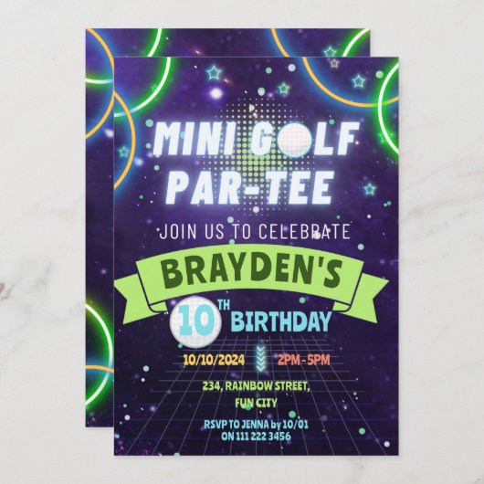 Glow Mini Golf Boys Verjaardagsfeest Kaart (Voorkant / Achterkant)