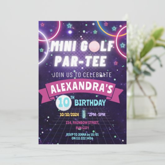 Glow Mini Golf Verjaardagsfeestje Meisje Kaart (Staand voorkant)