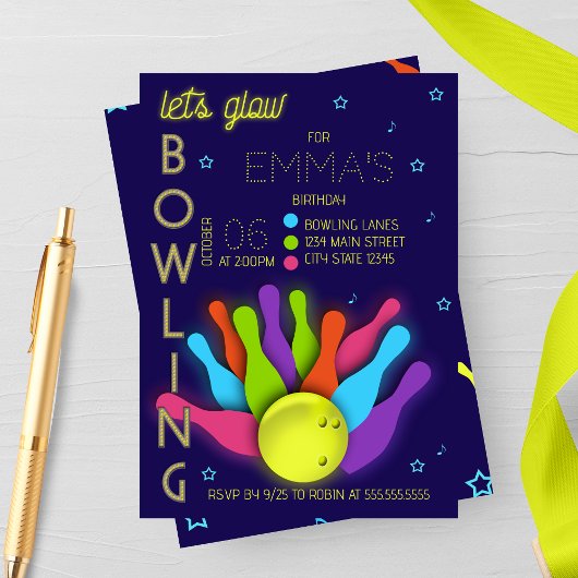 Glow Neon Bowling Birthday Invitation Kaart