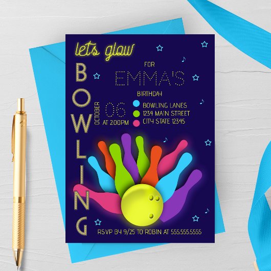 Glow Neon Bowling Verjaardagsuitnodiging Kaart