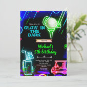 Glow neon golf verjaardagsfeest uitnodiging (Staand voorkant)