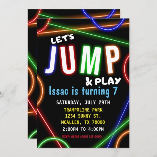 Glow Neon Let's Jump Birthday Party Invitation Kaart (Voorkant / Achterkant)