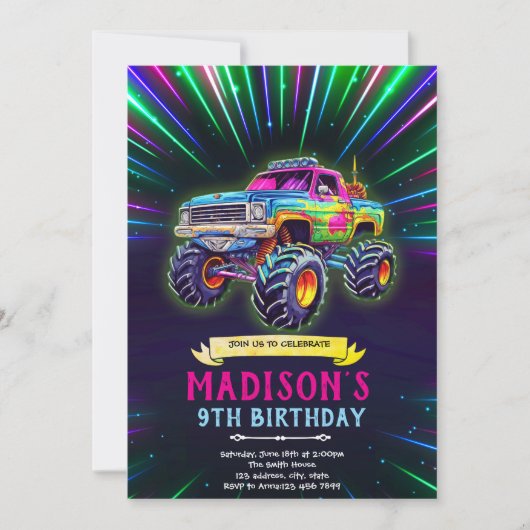 Glow neon monstertruck uitnodiging (Voorkant)
