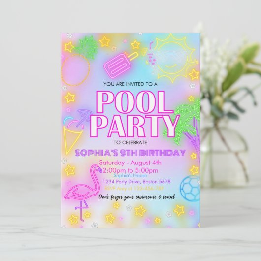 Glow Neon Tropisch Zwembad Party zwemverjaardag Kaart (Staand voorkant)