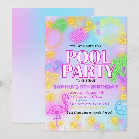 Glow Neon Tropisch Zwembad Party zwemverjaardag Kaart (Voorkant / Achterkant)