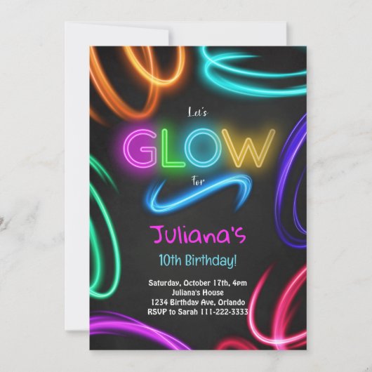 Glow Neon uitnodiging voor verjaardagsfeestje (Voorkant)