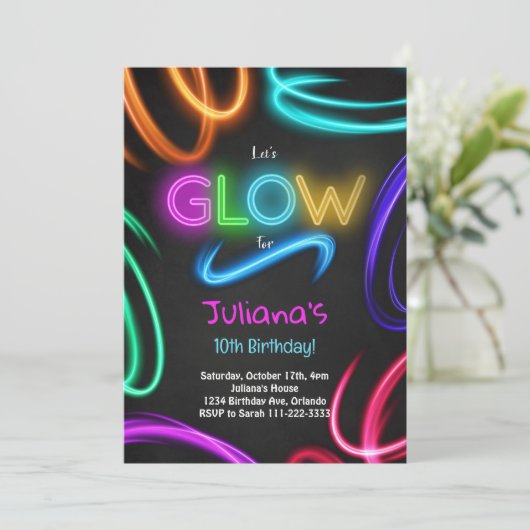 Glow Neon uitnodiging voor verjaardagsfeestje (Staand voorkant)