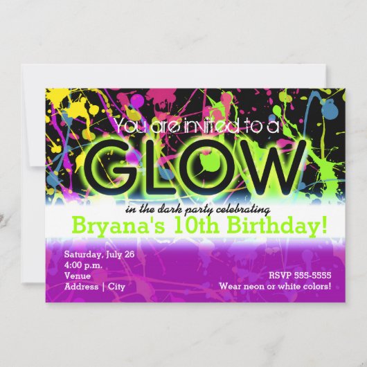 Glow Neon Verfspatten Verjaardagsfeest Uitnodiging (Voorkant)