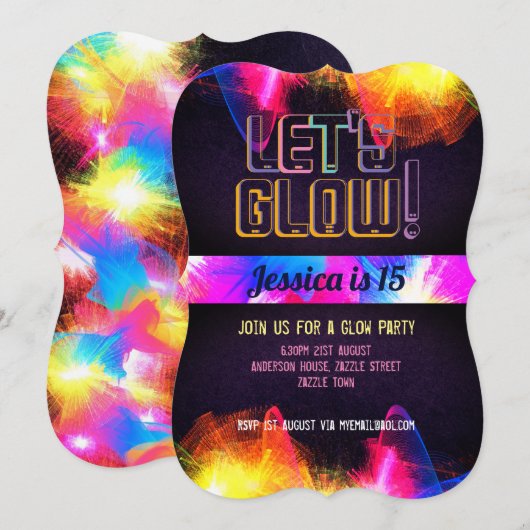 GLOW PARTIJ - 15e verjaardag Quinceanera NEON Ligh Kaart (Voorkant / Achterkant)