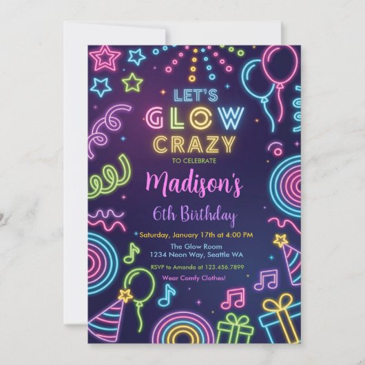 Glow Party Birthday Invitation, Neon Glow Theme Kaart (Voorkant)