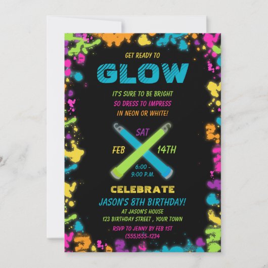 Glow Party Neon Colors Birthday Uitnodiging (Voorkant)