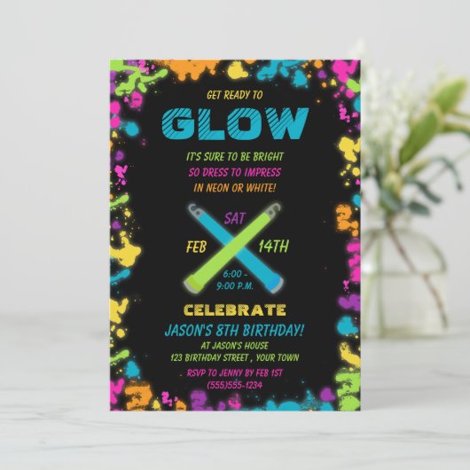Glow Party Neon Colors Birthday Uitnodiging (Staand voorkant)