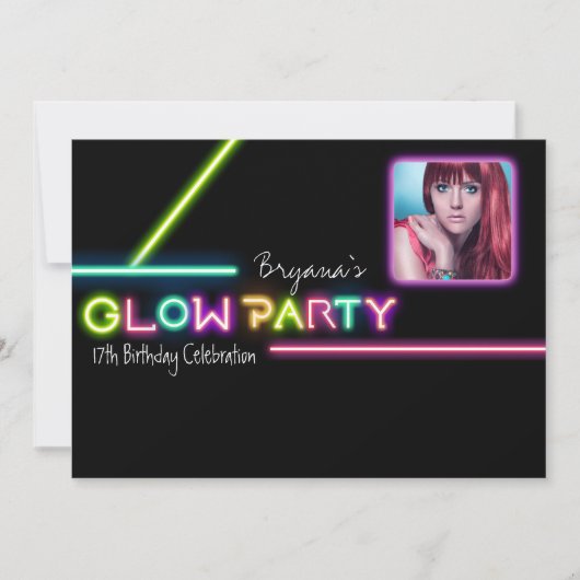 GLOW PARTY Neon Foto Verjaardagsfeest Uitnodiging (Voorkant)