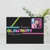 GLOW PARTY Neon Foto Verjaardagsfeest Uitnodiging (Staand voorkant)