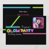 GLOW PARTY Neon Foto Verjaardagsfeest Uitnodiging (Voorkant / Achterkant)