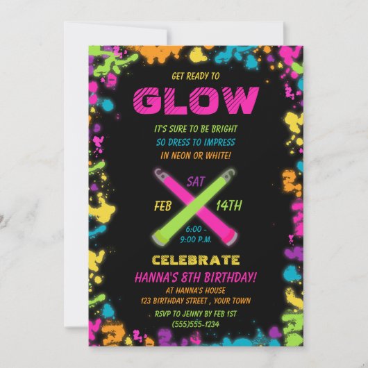 Glow Party Neon verjaardagsuitnodiging Kaart (Voorkant)