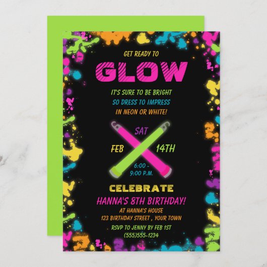 Glow Party Neon verjaardagsuitnodiging Kaart (Voorkant / Achterkant)