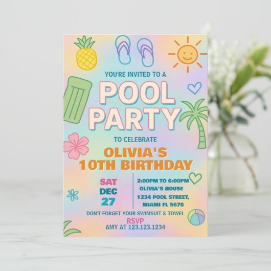 Glow Party Pool verjaardagsuitnodiging Kaart (Staand voorkant)