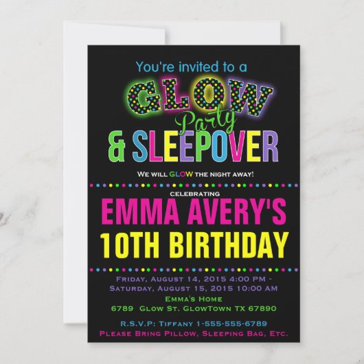 Glow Party Sleepover Birthday Party Invitation Kaart (Voorkant)