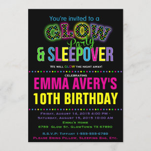 Glow Party Sleepover Birthday Party Invitation Kaart