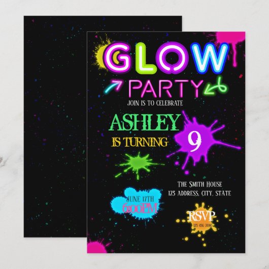 Glow party-uitnodiging kaart (Voorkant / Achterkant)