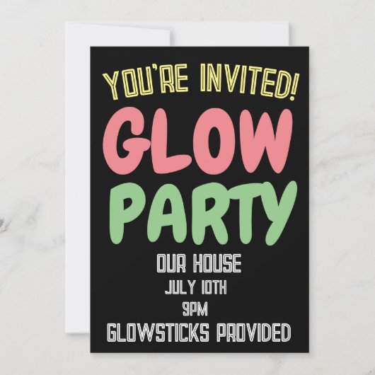 GLOW PARTY VERJAARDAG KINDER CUSTOM INVITATIONS KAART (Voorkant)