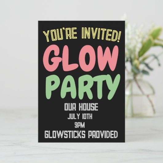 GLOW PARTY VERJAARDAG KINDER CUSTOM INVITATIONS KAART (Staand voorkant)