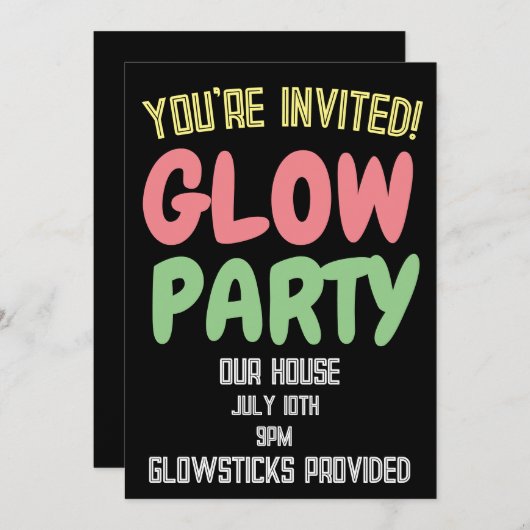 GLOW PARTY VERJAARDAG KINDER CUSTOM INVITATIONS KAART (Voorkant / Achterkant)