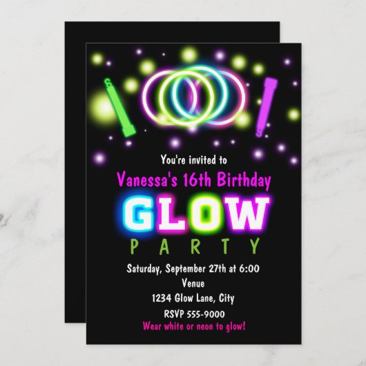 GLOW PARTY Verjaardag Neon Black Light Uitnodiging (Voorkant / Achterkant)