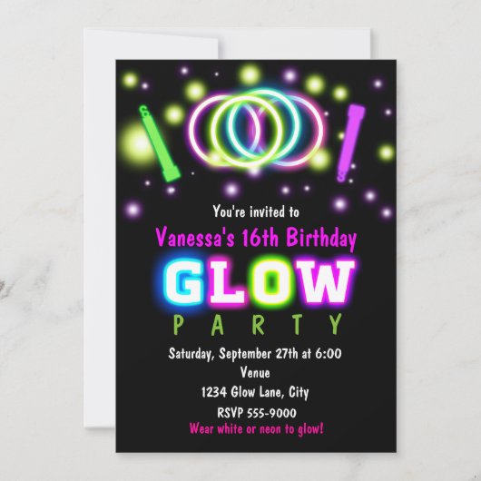 GLOW PARTY Verjaardagsfeest Neon Ultraviolet Licht Kaart (Voorkant)