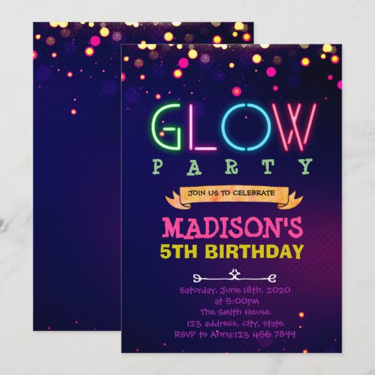 Glow Party verjaardagsuitnodiging Kaart (Voorkant / Achterkant)